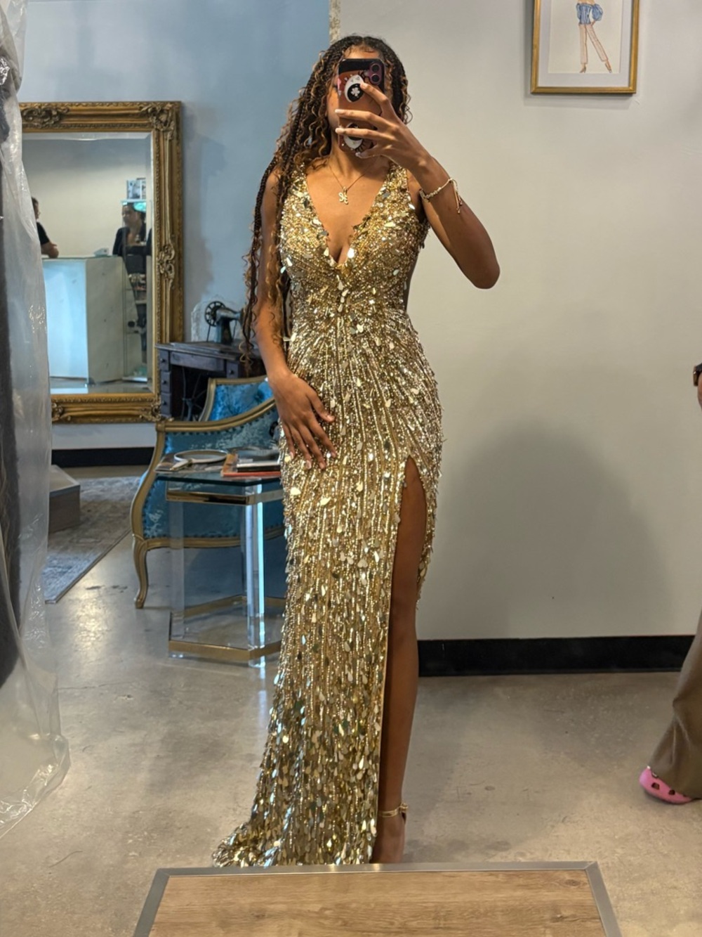 Sherri Hill 54912 Gold Sequin Floor Length Dress with High Front Slit - Picture 4 of 8